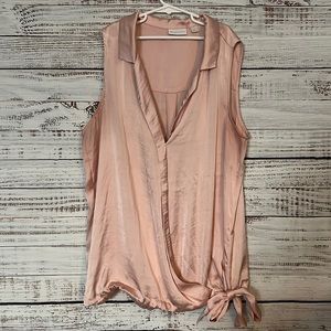 New York & Company Pink Collared V-neck Blouse